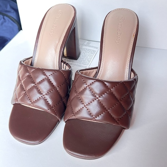 The Drop Quilted Chocolate High Block Heeled Mule Open Toe Sandal Ladies 7.5 - Picture 3 of 10